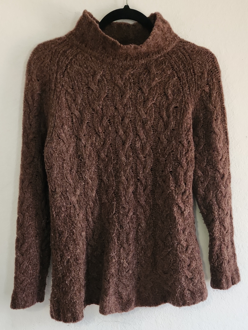 Vintage Talbots Chocolate Brown Merino Wool Cable Knit Mock Neck Sweater S